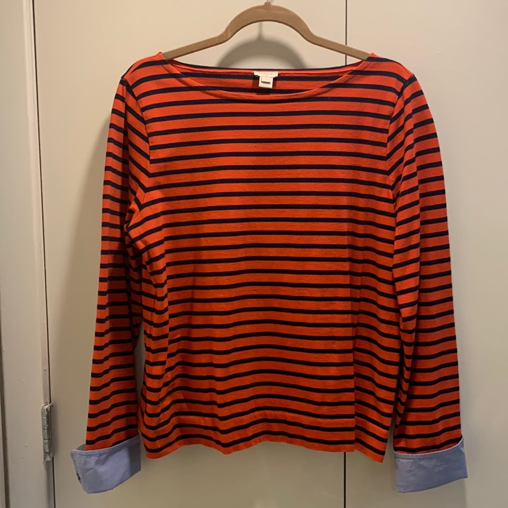 J.Crew boat neck red & navy blue top w/ chambray cuffed sleeves. Size L